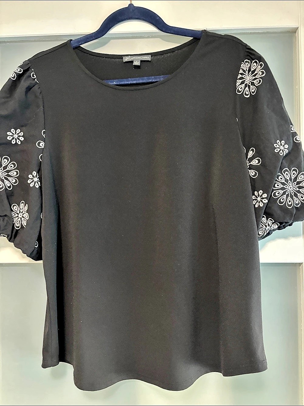 Adrianna Papell Textured Puff Sleeve Top Floral Blouse Black & White Large